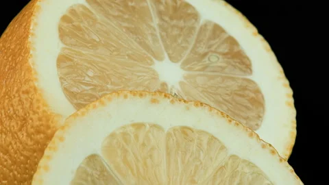Citrus Slices On The Table. Lemon Sliding Macro Shot Stock Footage 149083716