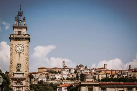 Citta Alta and clock tower in Bergamo city, Italy Stock Photos