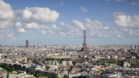 City and the Eiffel Tower, viewed over rooftops, Paris, France, Europe Stock Footage 106642649