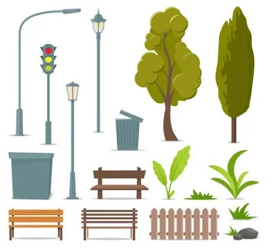 City and outdoor elements. Set of urban objects. Street lamp, traffic light,  Stock Illustration