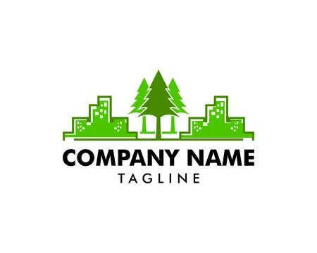City and Pine Tree Logo Design Template Stock Illustration