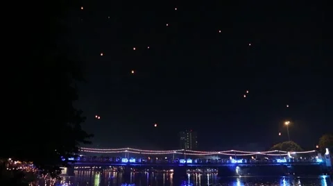 City and River During Lantern Festival. Stock Footage 49773490