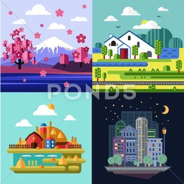 City and Village, Nature Landscape Set Stock Illustration