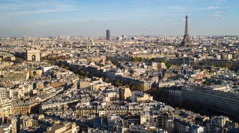 City, Arc de Triomphe and the Eiffel Tower, viewed over rooftops, Paris, France Stock Footage 54124986