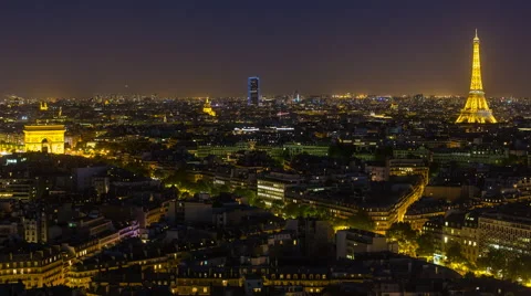 City, Arc de Triomphe and the Eiffel Tower, viewed over rooftops, Paris, France Stock Footage 54132428