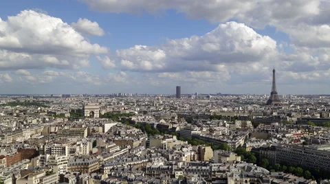 City, Arc de Triomphe and the Eiffel Tower, viewed over rooftops, Paris, France Stock Footage 54136199