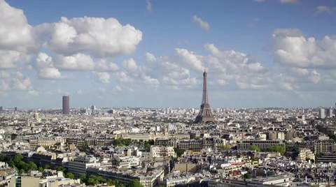 City, Arc de Triomphe and the Eiffel Tower, viewed over rooftops, Paris, France Stock Footage 54136200