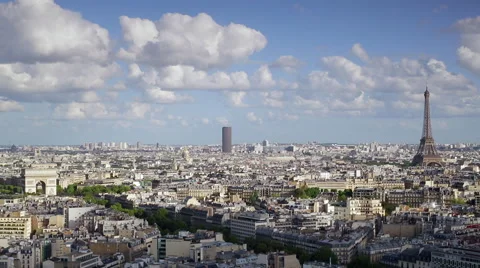 City, Arc de Triomphe and the Eiffel Tower, viewed over rooftops, Paris, France Stock Footage 54136204