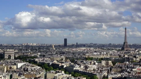 City, Arc de Triomphe and the Eiffel Tower, viewed over rooftops, Paris, France Stock Footage 54136277