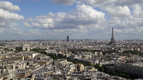 City, Arc de Triomphe and the Eiffel Tower, viewed over rooftops, Paris, France Stock Footage 106642633