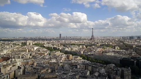 City, Arc de Triomphe and the Eiffel Tower, viewed over rooftops, Paris, France Stock Footage 106642637