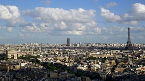 City, Arc de Triomphe and the Eiffel Tower, viewed over rooftops, Paris, France Stock Footage 106642648
