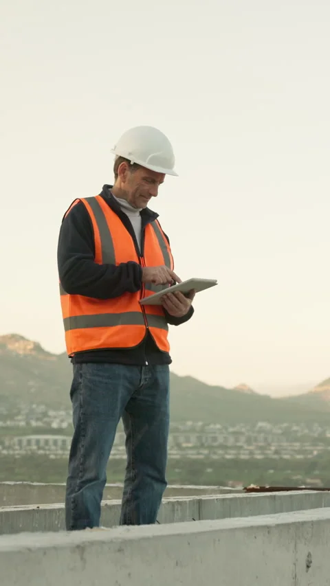 City, architect and man with tablet, thinking or planning for property Stock Footage 340892037