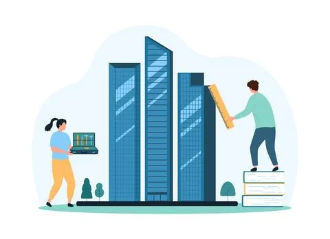 City architecture planning and optimization by tiny architects and engineers 스톡 일러스트