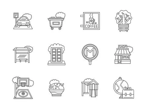 City areas flat line vector icons set Stock Illustration