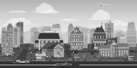 City Background Black and white Landscape for game Stock Illustration