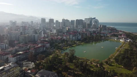 The city of Batumi in the Rustavelli area from a height. Park on May 6 and Lake Stock Footage 238034409
