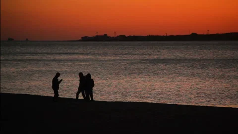 City Beach Spring Cold Silhouettes of Young People Teenagers on a Walk Vidéo 150283271