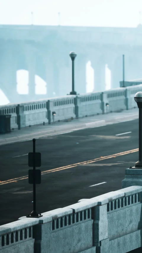 City bridge with empty road and foggy background in early morning light Stock Footage 337976084