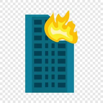 City building in fire icon, flat style Ilustración de archivo