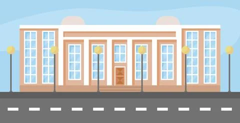 City building flat cartoon vector illustration. Front view. Stock Illustration