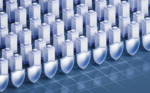 City building with shield, 3d rendering. Stock Illustration