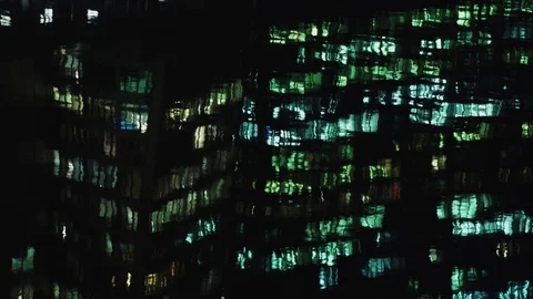 City building skyscraper light reflection on water surface at night Stock Footage 85394742