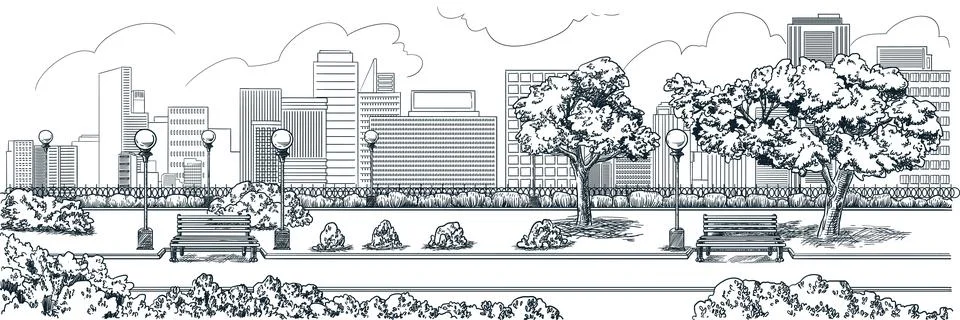 City buildings and park landscape. Vector hand drawn sketch illustration of u Stock Illustration