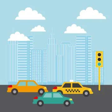 City buildings cars traffic light clouds image Stock Illustration