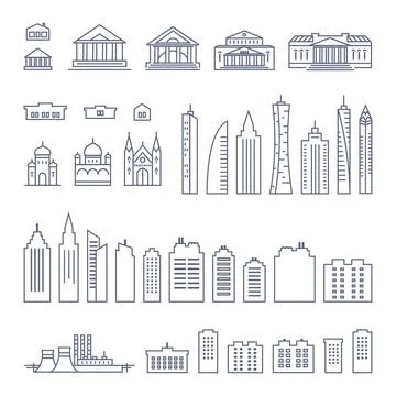 City buildings line icon set - various types of government buildings and Stock Illustration