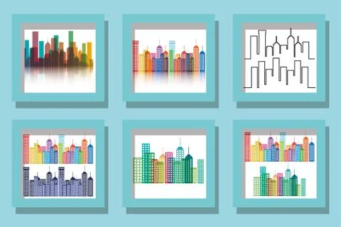 City buildings set inside frames vector design Stock Illustration