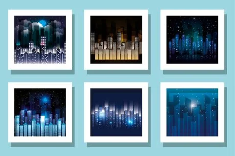 City buildings set inside frames vector design Stock Illustration