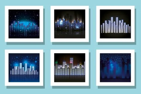 City buildings set inside frames vector design Ilustración de archivo