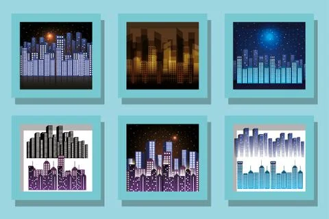 City buildings set inside frames vector design Stock Illustration