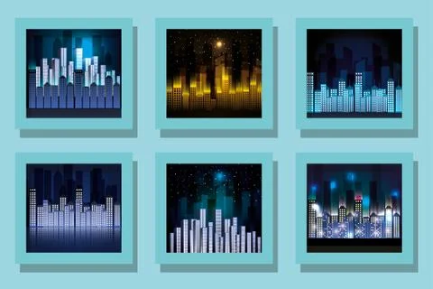 City buildings set inside frames vector design Ilustración de archivo