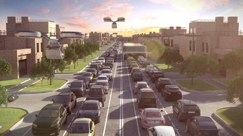 City bus of the future. The traffic jam. Sunset time. 3d illustration. Stock Illustration