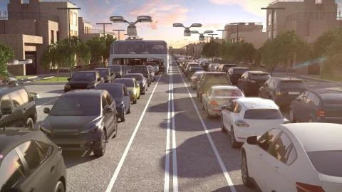 City bus of the future. The traffic jam. Sunset time. 3d illustration. Stock Illustration