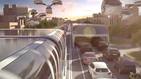 City bus of the future. The traffic jam. Sunset time. 3d illustration. Stock Illustration