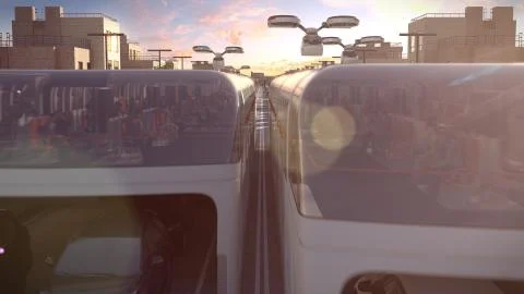 City bus of the future. The traffic jam. Sunset time. 3d illustration. Illustrazione stock