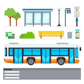 City bus vector flat icons set with public transport stop on white Stock Illustration