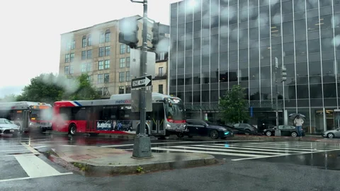 City buses at intersection on rainy Washington day Stock Footage 320737337