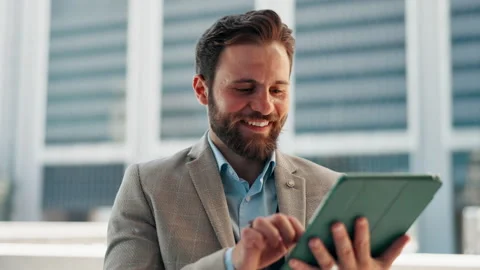 City, businessman and developer with tablet for market research, information and Stock Footage 303925766