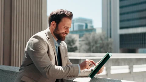 City, businessman and developer with tablet for research, market information and Stock Footage 303931058