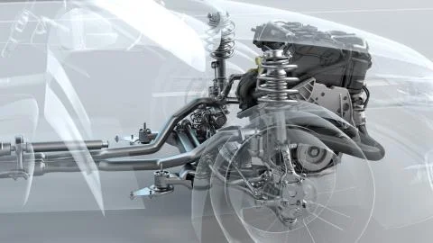 City car structure overview during driving. 3d illustration 스톡 일러스트