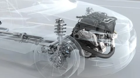 City car structure overview during driving. 3d illustration Illustrazione stock