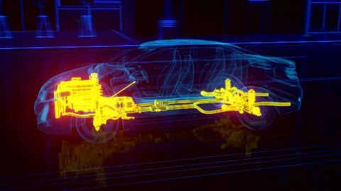 City car Wireframe View - engine and transmission details Stock Illustration