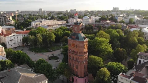 City Central Part With A Clock Tower And A Park Aerial View (Vinnytsia, Ukraine) Stock Footage 195237890