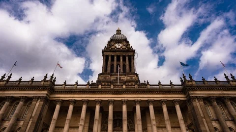 City Centre Timelapse, Leeds Town Hall At Midday 4K Stock Footage