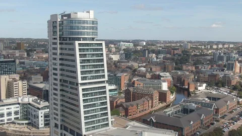 City centre towards brewery wharf Aerial Drone Leeds Centre, West Yorkshire Stock Footage