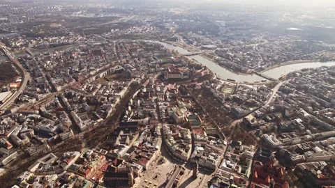 City Centre View from High Above Still Life Spring Slow Fly Forward Reveal River Stock Footage 235559443